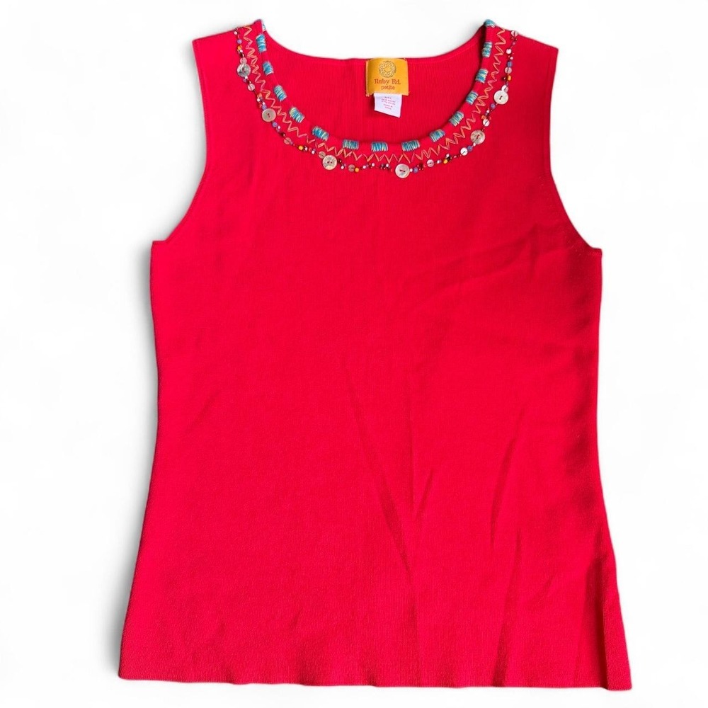 Ruby Road Petite XL Red Tank Top with beaded button neckline‎ boho whimsical